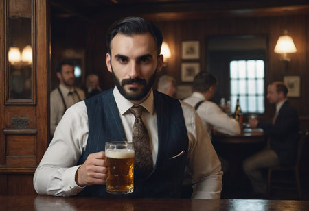 Caucasian office man sitting at bartender counter alone drinking alcohol in rooftop bar after work, lonely young white businessman holding glass of alcohol in nightclub bar, nightlife conceptの素材