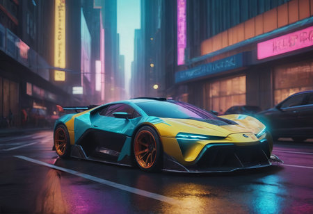 Tuned Sport Car, cyberpunk Retro Sports Car On Neon Highway. Powerful acceleration of a supercar on a night track with colorful lights and trails.の素材