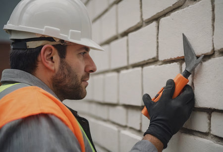 Worker puts a white brick on a construction siteの素材