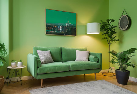 A luxurious living room with a green sofa and decor, light green walls, decor in a greenish color.の素材