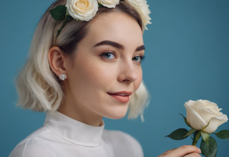 Portrait of a beautiful sensual woman with a white flower, looking tenderly at the camera on a light background. Spa concept, women's health, spa treatments and cosmetics.の素材