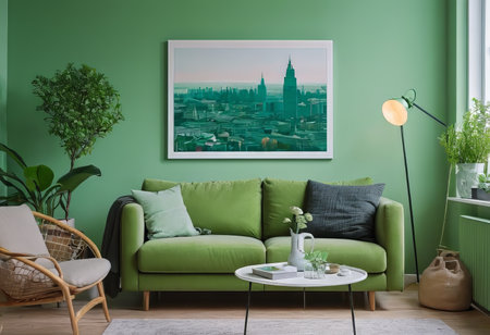 A luxurious living room with a green sofa and decor, light green walls, decor in a greenish color.の素材