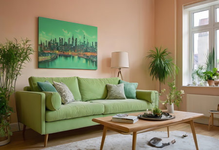 A luxurious living room with a green sofa and decor, light green walls, decor in a greenish color.の素材