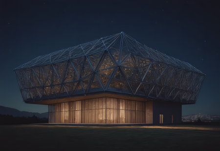 The conceptual banner of the Smart Home technology. Illustration of a glass house in blue tones on a dark evening.の素材