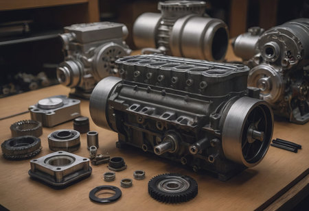 Engine valve car maintenance.The cylinder block of the four-cylinder engine. Disassembled motor vehicle for repairの素材