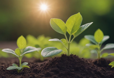 The seedlings are growing from the rich soil to the morning sunlight that is shining, ecology conceptの素材