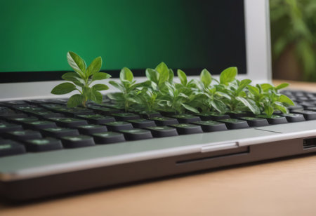 Plant growing from the laptop keyboard. Ecology and environment concept.の素材