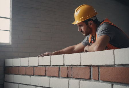 Worker puts a white brick on a construction siteの素材