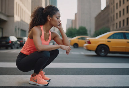 An attractive beautiful woman in sportswear, doing sports on the city streets. A fit woman jogging outdoors. Morning workout. The concept of a healthy and active lifestyleの素材