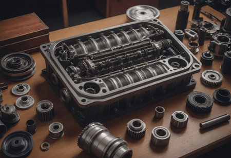 Engine valve car maintenance.The cylinder block of the four-cylinder engine. Disassembled motor vehicle for repairの素材