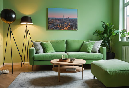 A luxurious living room with a green sofa and decor, light green walls, decor in a greenish color.の素材