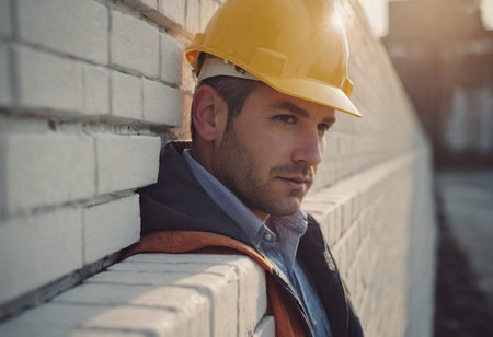 Worker puts a white brick on a construction siteの素材