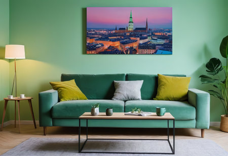 A luxurious living room with a green sofa and decor, light green walls, decor in a greenish color.の素材