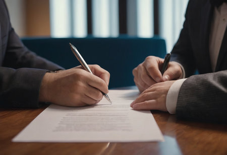 Solicitor pointing at insurance contract showing male client where to write signature sign sale purchase employment agreement at meeting make financial business deal, bank loan service, close up viewの素材