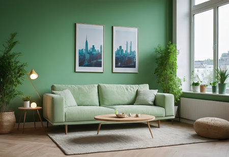 A luxurious living room with a green sofa and decor, light green walls, decor in a greenish color.の素材