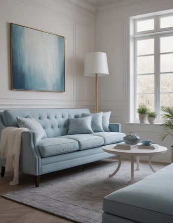 A modern interior of an open space with a designer modular sofa, furniture, wooden coffee tables, a plaid, a pillow, tropical plants and elegant personal accessories in a stylish home decor. A neutral living roomの素材