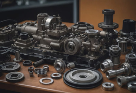 Engine valve car maintenance.The cylinder block of the four-cylinder engine. Disassembled motor vehicle for repairの素材