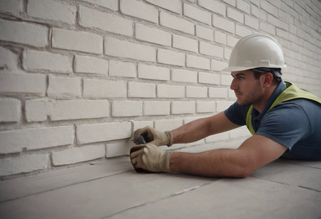 Worker puts a white brick on a construction siteの素材
