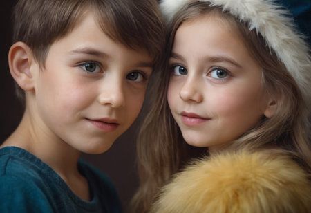 Portrait of a boy and girl on a dark background with fur.の素材
