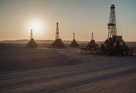 Oil and gas industry. Working oil pump jack on oil field at sunset. Industrial theme.の素材