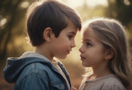 The concept of child friendship and kindness. Sweet angel children. Childcare. Romantic and love. Human emotions - kids first love. Summer portrait of happy cute childrenの素材