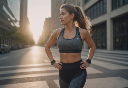 An attractive beautiful woman in sportswear, doing sports on the city streets. A fit woman jogging outdoors. Morning workout. The concept of a healthy and active lifestyleの素材