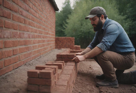 bricklaying. Worker checks erected brick wall with levelの素材