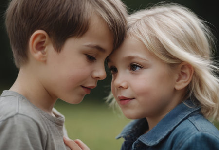 Portrait of a boy and a girl in the park. Close-up.の素材