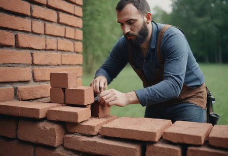 bricklaying. Worker checks erected brick wall with levelの素材