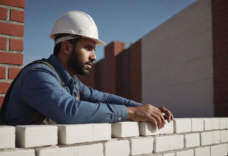 Worker puts a white brick on a construction siteの素材