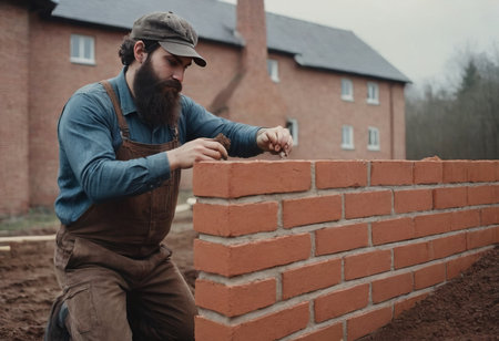 bricklaying. Worker checks erected brick wall with levelの素材