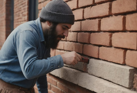 bricklaying. Worker checks erected brick wall with levelの素材