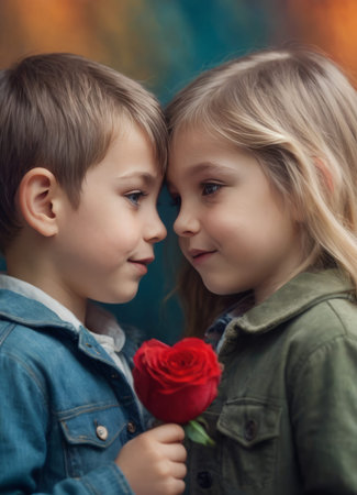 Little boy and girl with a red rose in their hands, close-upの素材