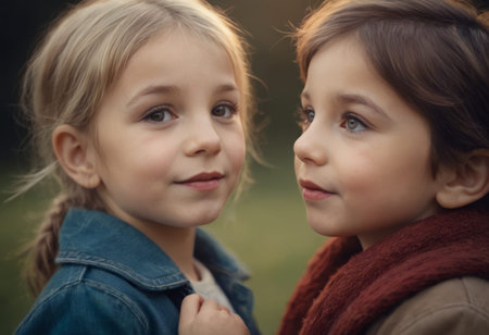 Portrait of two little girls looking at each other in the parkの素材