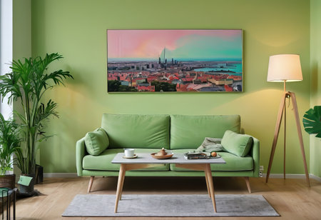 A luxurious living room with a green sofa and decor, light green walls, decor in a greenish color.の素材