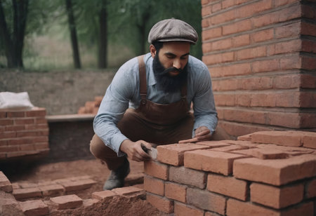 bricklaying. Worker checks erected brick wall with levelの素材