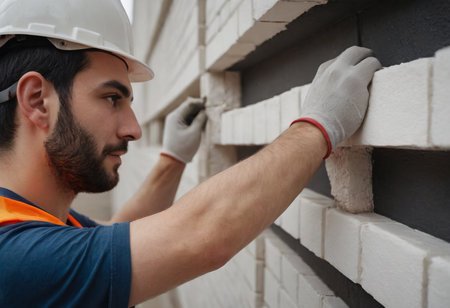 Worker puts a white brick on a construction siteの素材