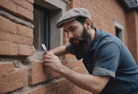 bricklaying. Worker checks erected brick wall with levelの素材
