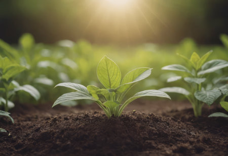 The seedlings are growing from the rich soil to the morning sunlight that is shining, ecology conceptの素材