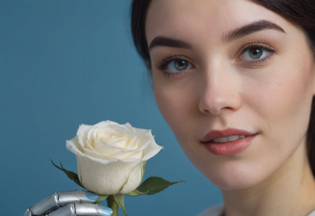 Portrait of a beautiful sensual woman with a white flower, looking tenderly at the camera on a light background. Spa concept, women's health, spa treatments and cosmetics.の素材
