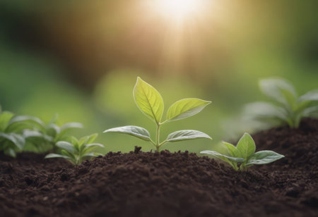 The seedlings are growing from the rich soil to the morning sunlight that is shining, ecology conceptの素材