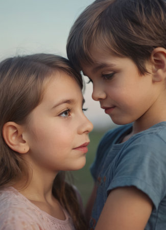 Little boy kissed for the first time adorable little girl. Love and romantic concept.の素材