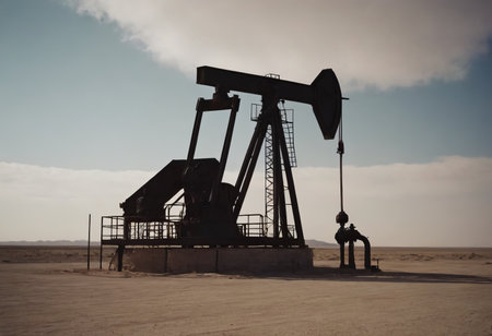 Oil and gas industry. Working oil pump jack on oil field at sunset. Industrial theme.の素材