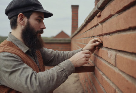 bricklaying. Worker checks erected brick wall with levelの素材