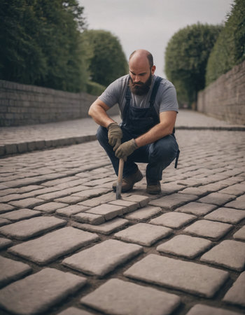 Laying gray concrete paving slabs in house courtyard driveway patio. Professional workers bricklayers are installing new tiles or slabs for driveway, sidewalk or patio on leveled sand foundation base.の素材