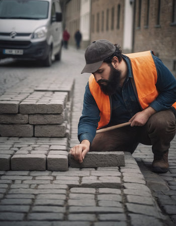 Laying gray concrete paving slabs in house courtyard driveway patio. Professional workers bricklayers are installing new tiles or slabs for driveway, sidewalk or patio on leveled sand foundation base.の素材