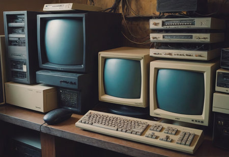 pile of old unused computers and vintage CRT monitorsの素材
