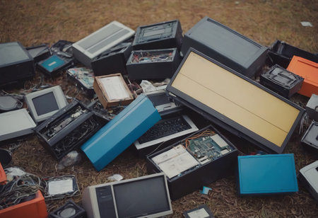 pile of old unused computers and vintage CRT monitorsの素材