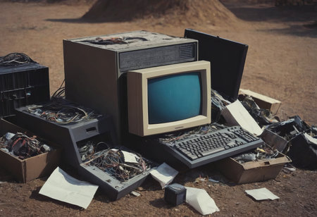 pile of old unused computers and vintage CRT monitorsの素材