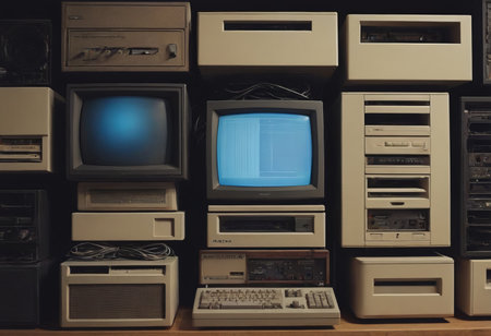 pile of old unused computers and vintage CRT monitorsの素材